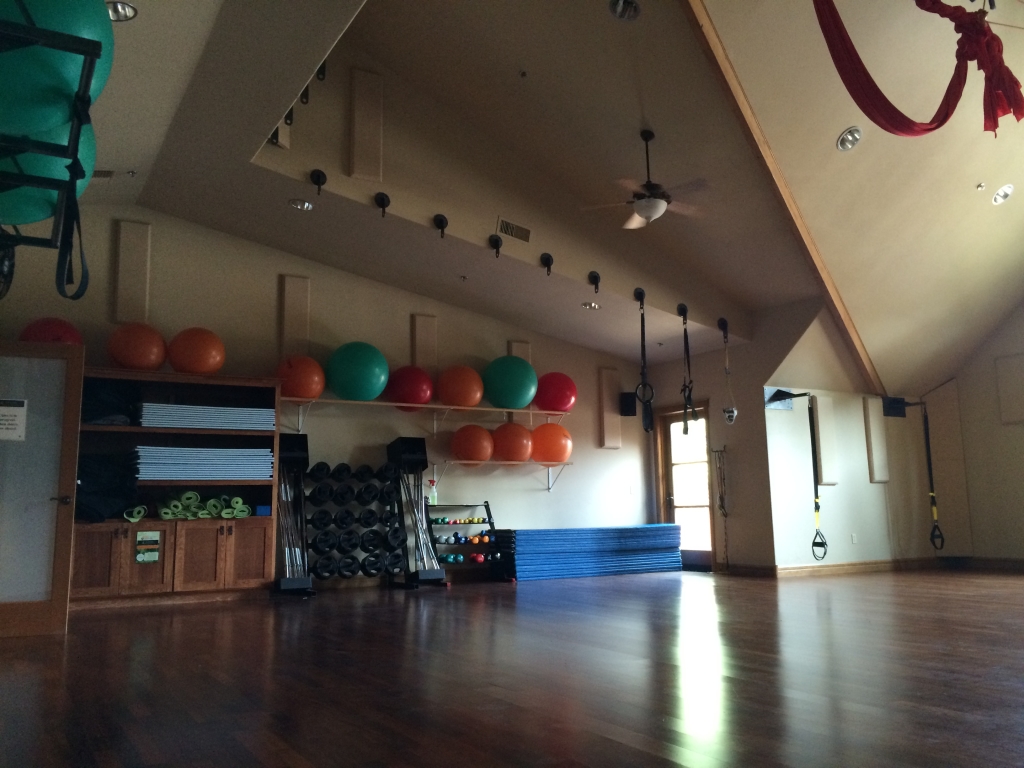 Bright, spacious studio with hardwood floors, stacked mats, exercise balls, dumbbells, suspension straps, and aerial silks ready for group fitness, strength, and wellness classes that foster community.
